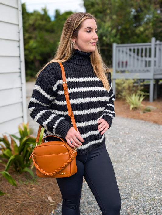 Black and Moss Ivory Striped Turtle Neck Stripped Sweater