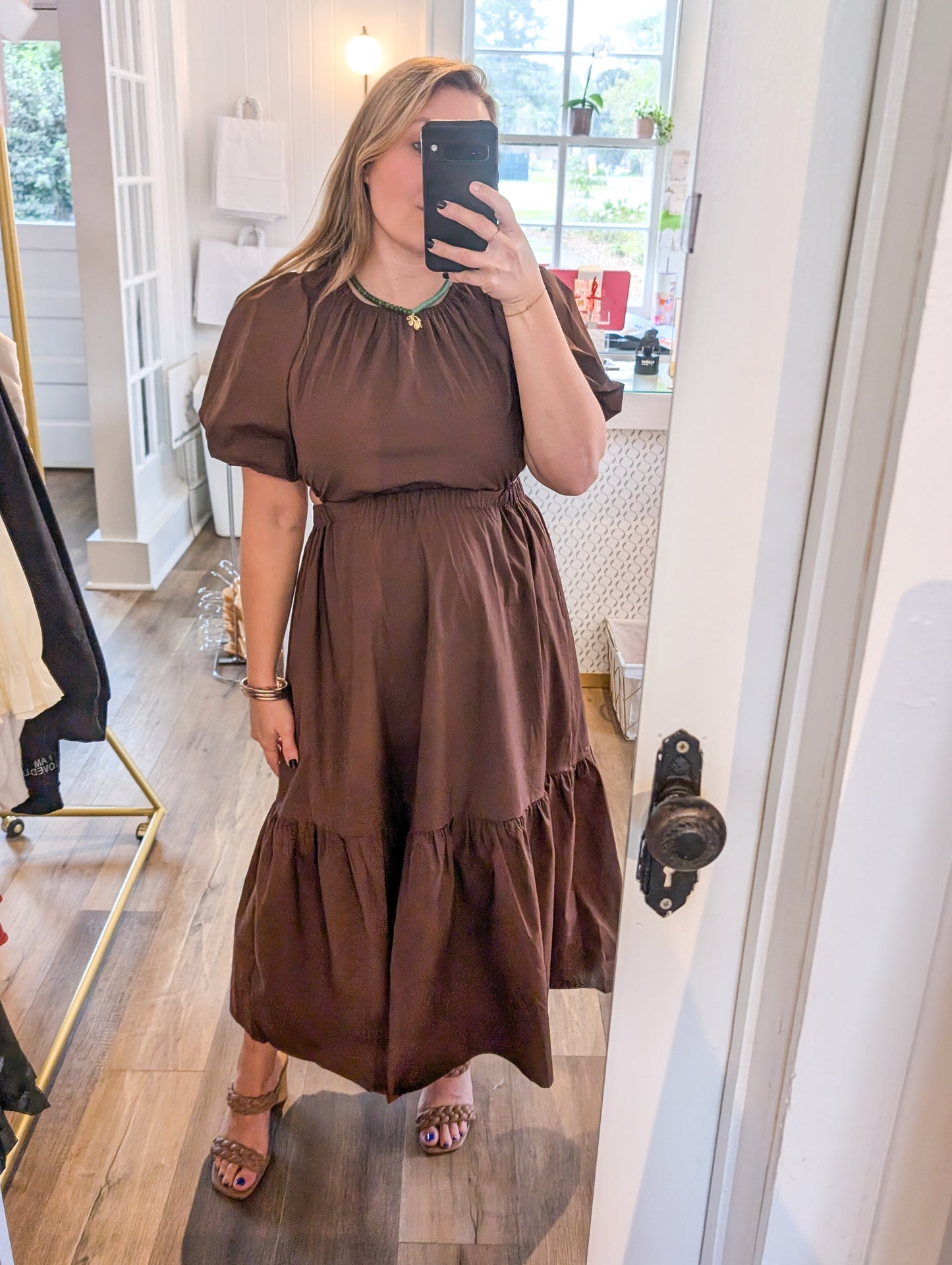 Brown Puff Sleeve Maxi Dress With Cutouts