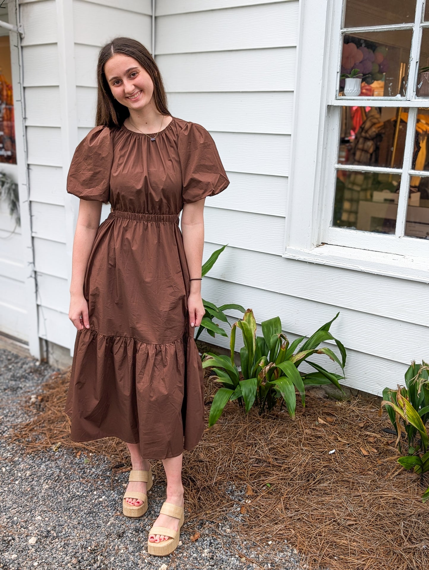 Brown Puff Sleeve Maxi Dress With Cutouts