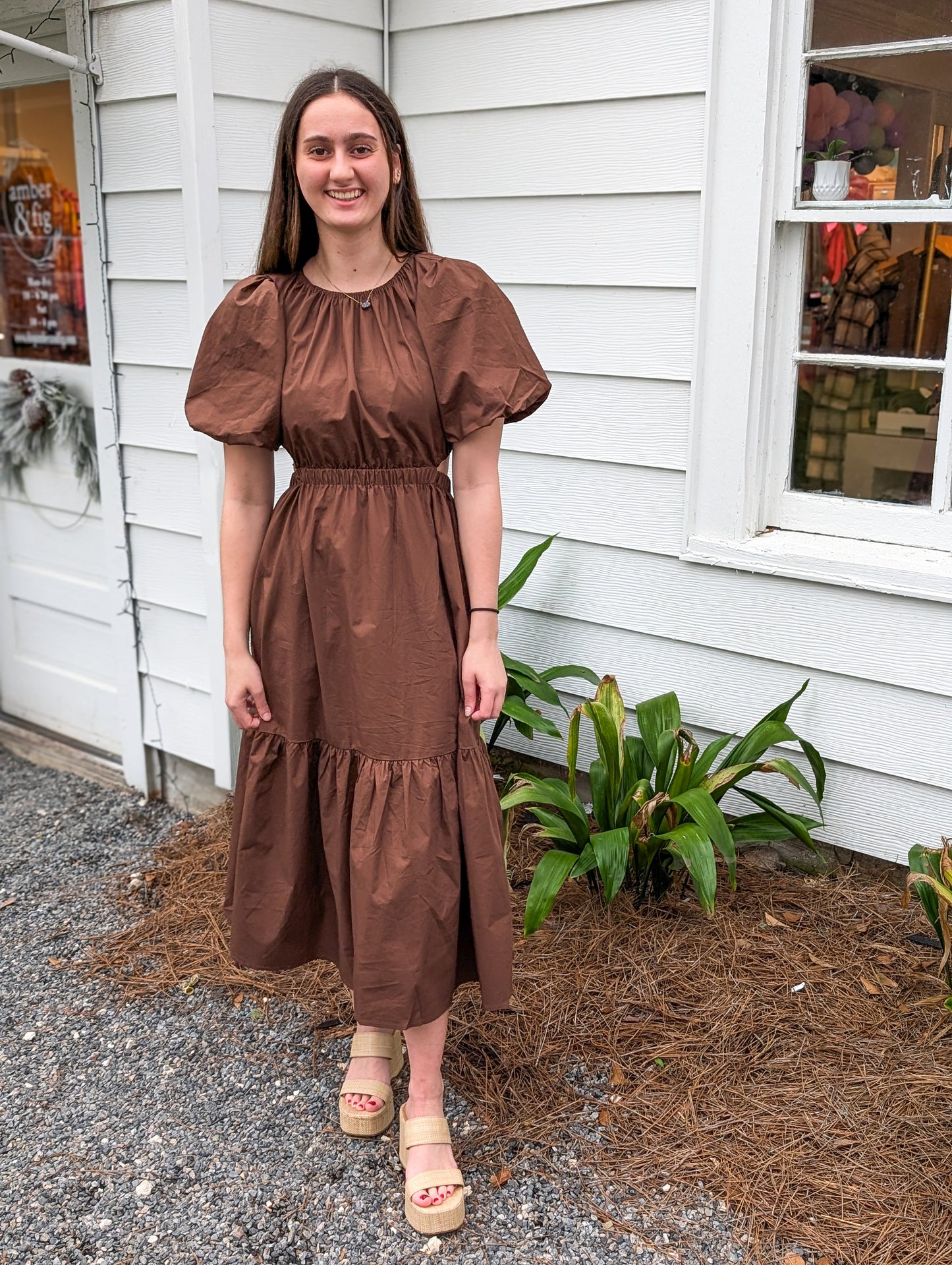 Brown Puff Sleeve Maxi Dress With Cutouts