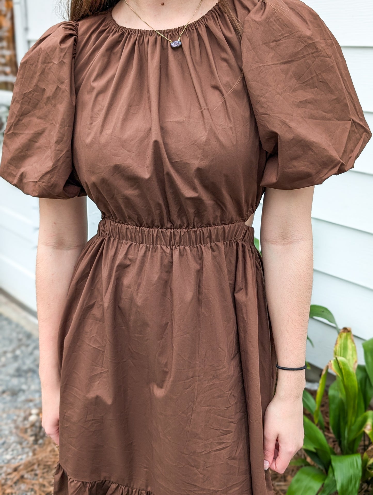 Brown Puff Sleeve Maxi Dress With Cutouts