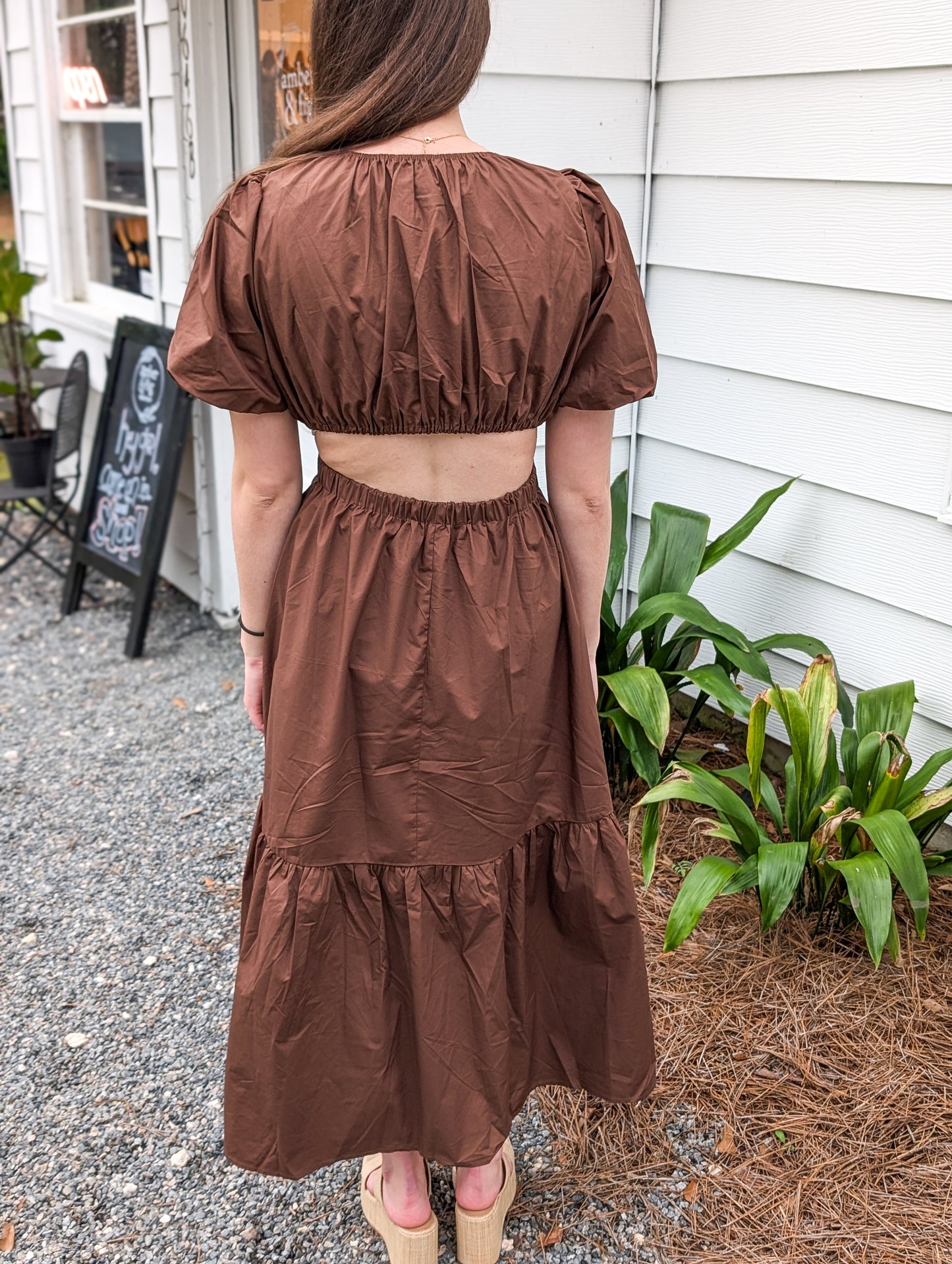 Brown Puff Sleeve Maxi Dress With Cutouts