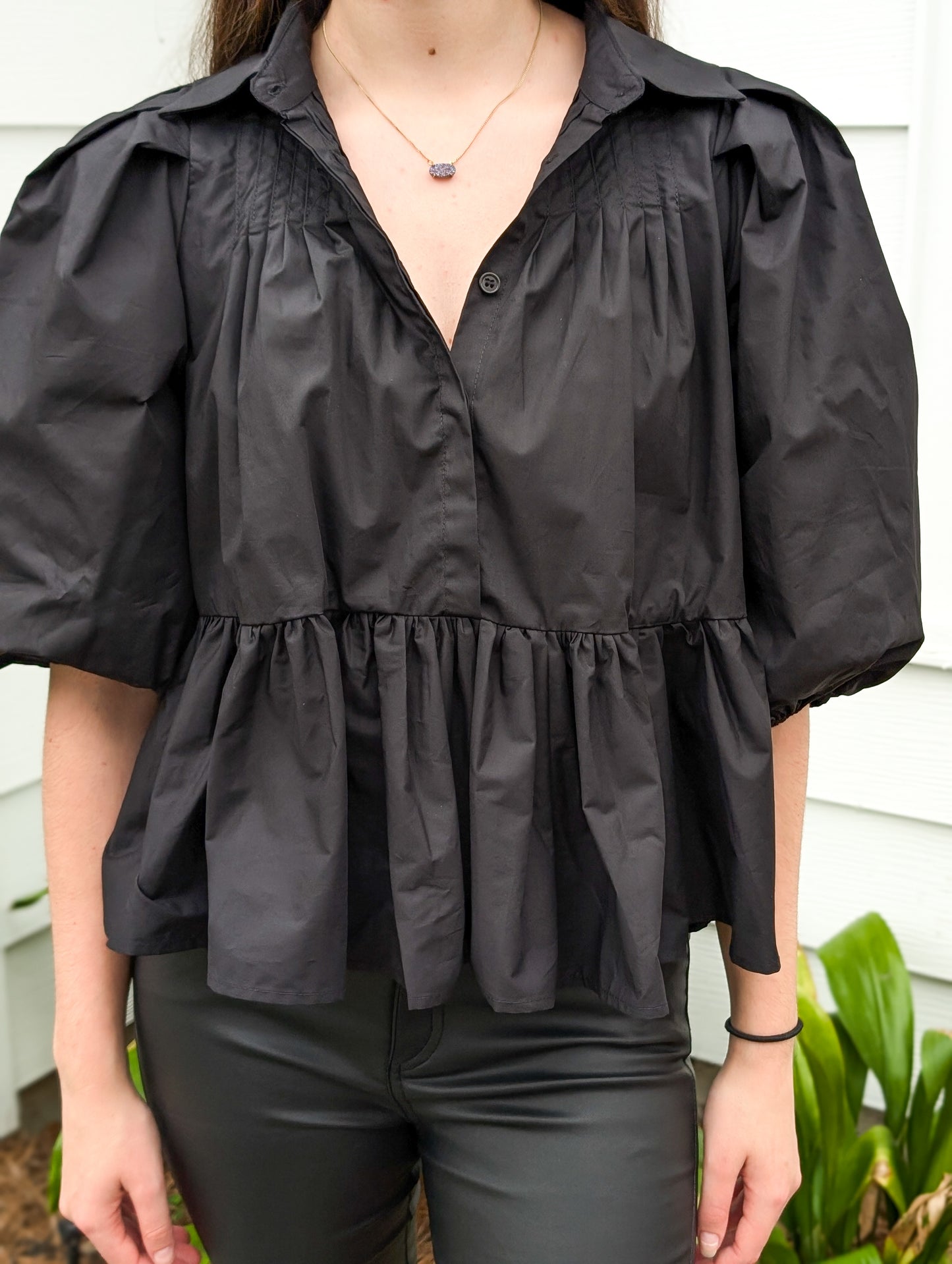 Black Puff Sleeve Button Up Blouse With Collar