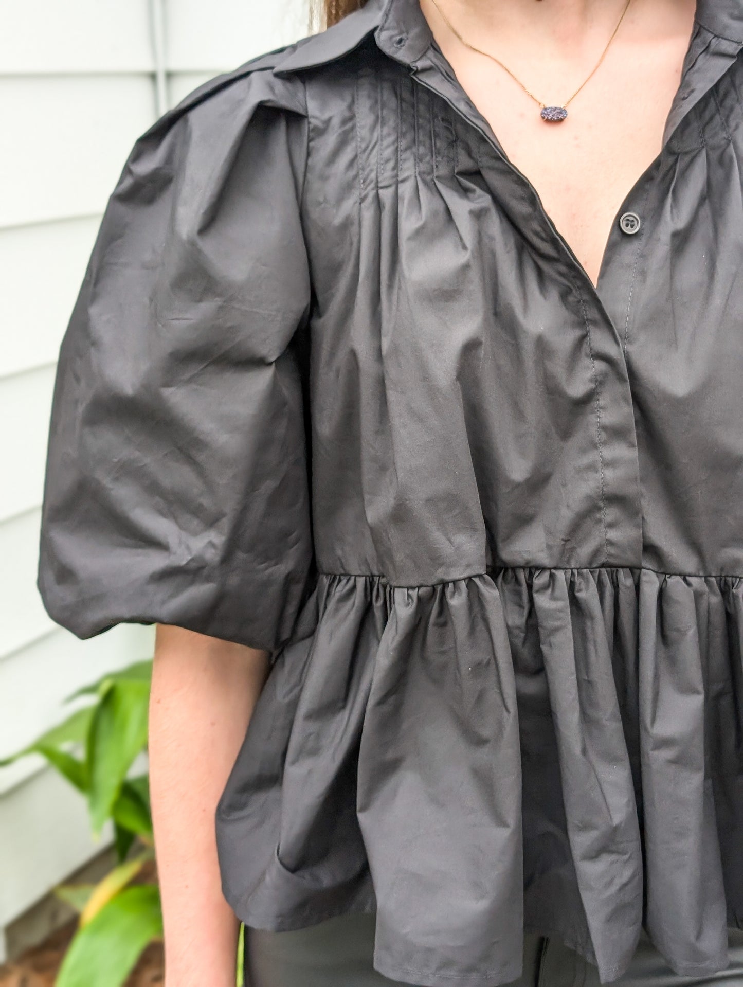 Black Puff Sleeve Button Up Blouse With Collar