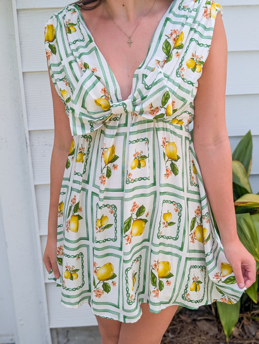 Lemon Delight Print Bow Short Sleeveless Dress