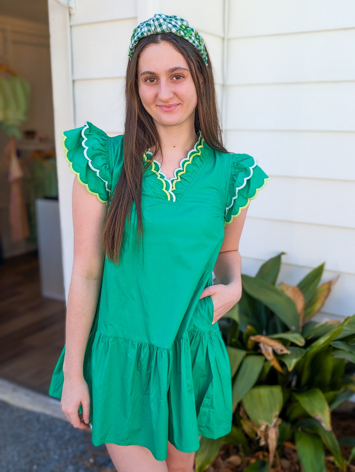Emerald Scalloped Sleeve Dress