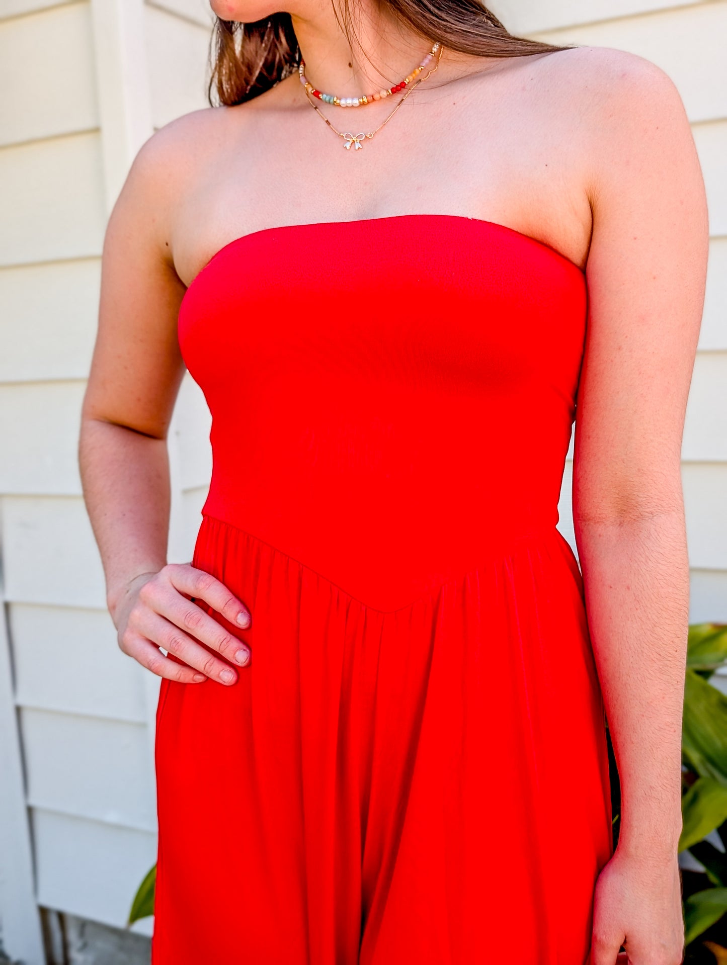 Knit Polyester Spandex Tube Strapless Flare Jumpsuit