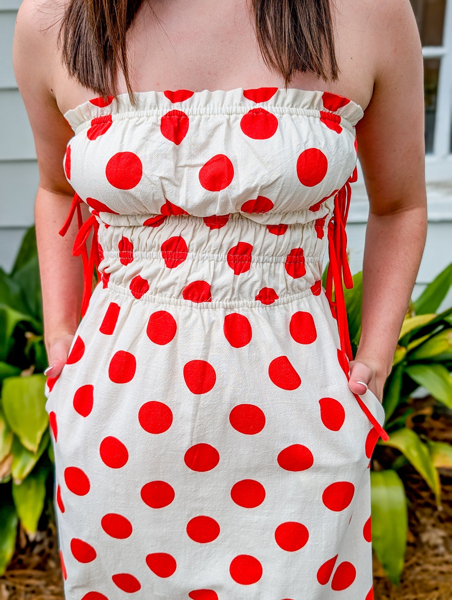 Poppy Red Polka Dot Strapless Dress