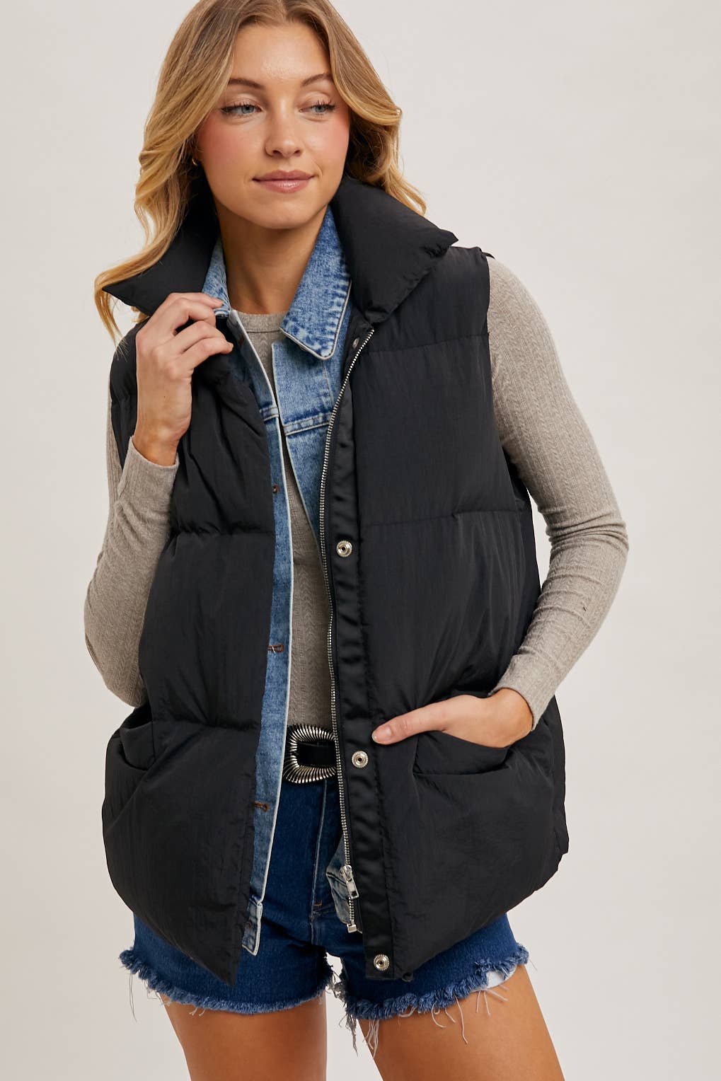 Black Puffer Vest with Denim Insert Detail and Pockets