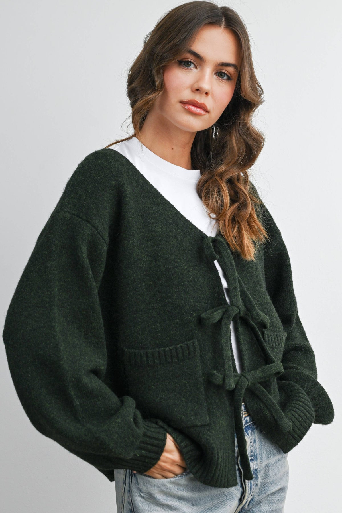 Knot Front Long Sleeve V-Neck Cardigan