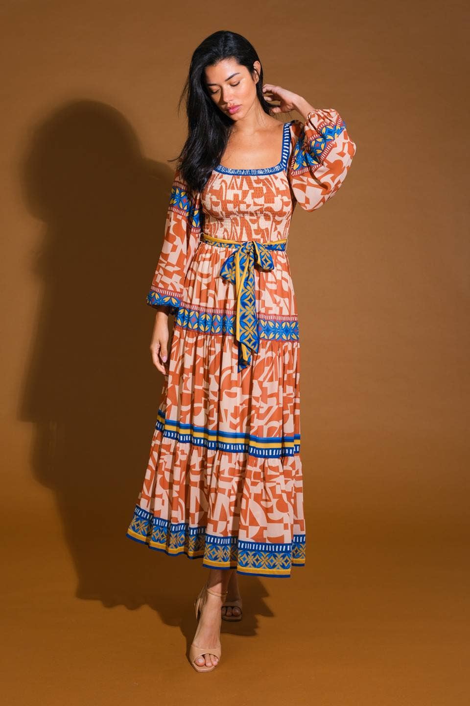 *Final Sale* Blue and Orange Print Midi Tie Waist Dress