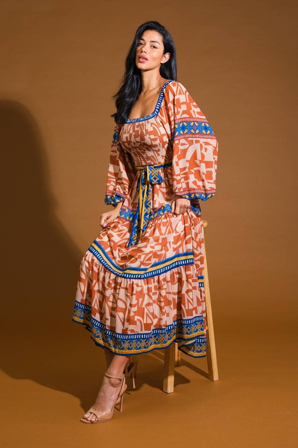 *Final Sale* Blue and Orange Print Midi Tie Waist Dress