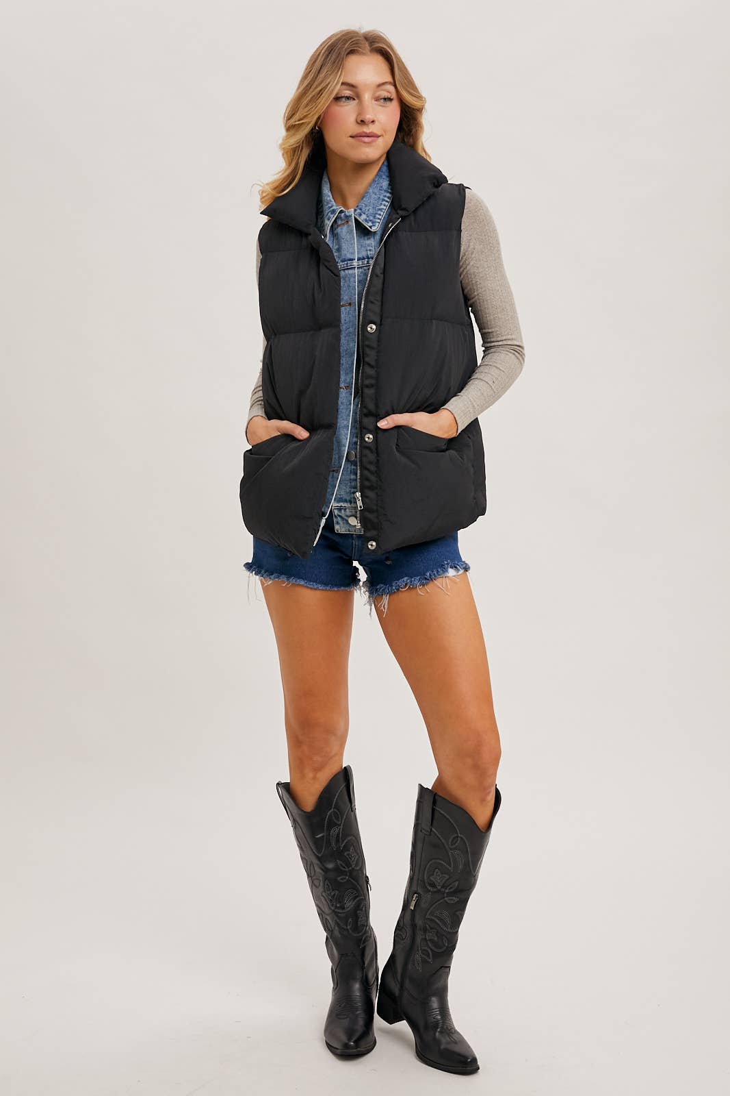 Black Puffer Vest with Denim Insert Detail and Pockets