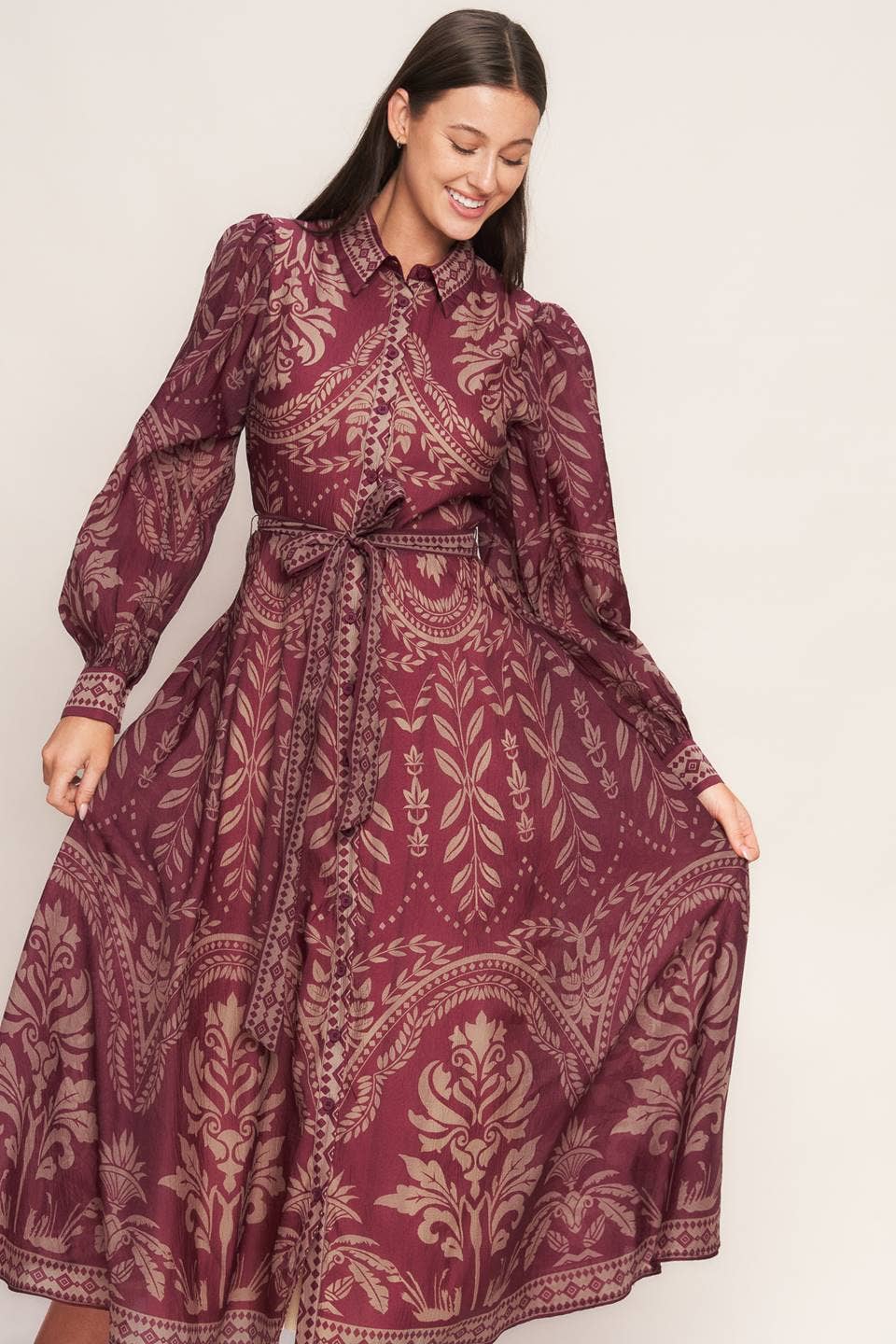 Burgundy Woven Midi Dress