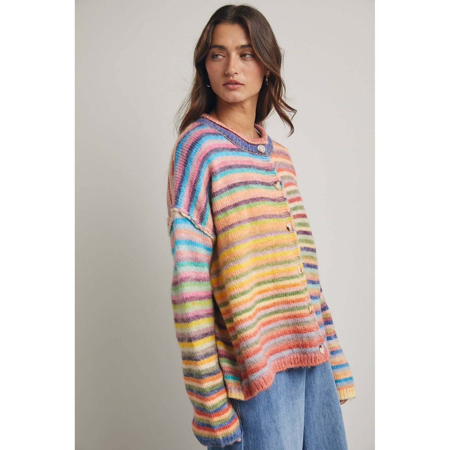 Rainbow Button-Up Knit Sweater Cardigan