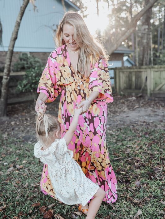 Pink and Brown Deep V-Neck Maxi Dress