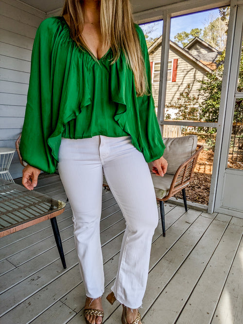 American Made White High Rise Crop Flare with Distressed Hem